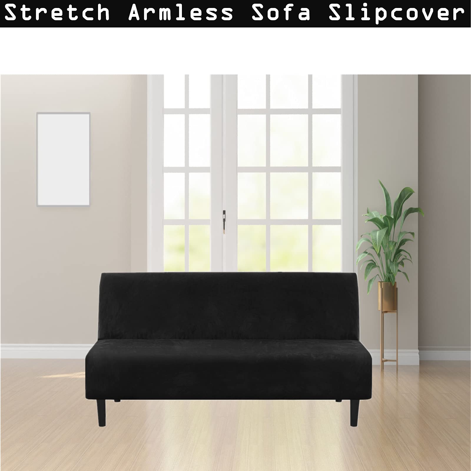 GAMUKAI Real Velvet Futon Cover - Stretch Armless Sofa Slipcover, Thick Soft Form-Fitted Couch Cover for Sofa Beds, Furniture Protector (Black)
