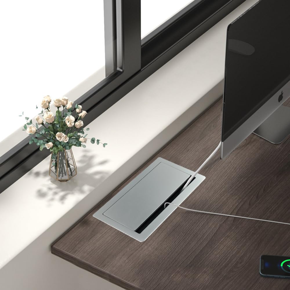Gniazdko stołowe, aluminiowa listwa zasilająca, 2 x gniazdo Schuko, 1 x ładowarka USB-A+C (PD 65 W), 1 x kabel CAT6, 1 x HDMI, 1 x USB-C, 1 x kabel zasilający 1,7 m, 4 x uchwyt kablowy, gniazdo