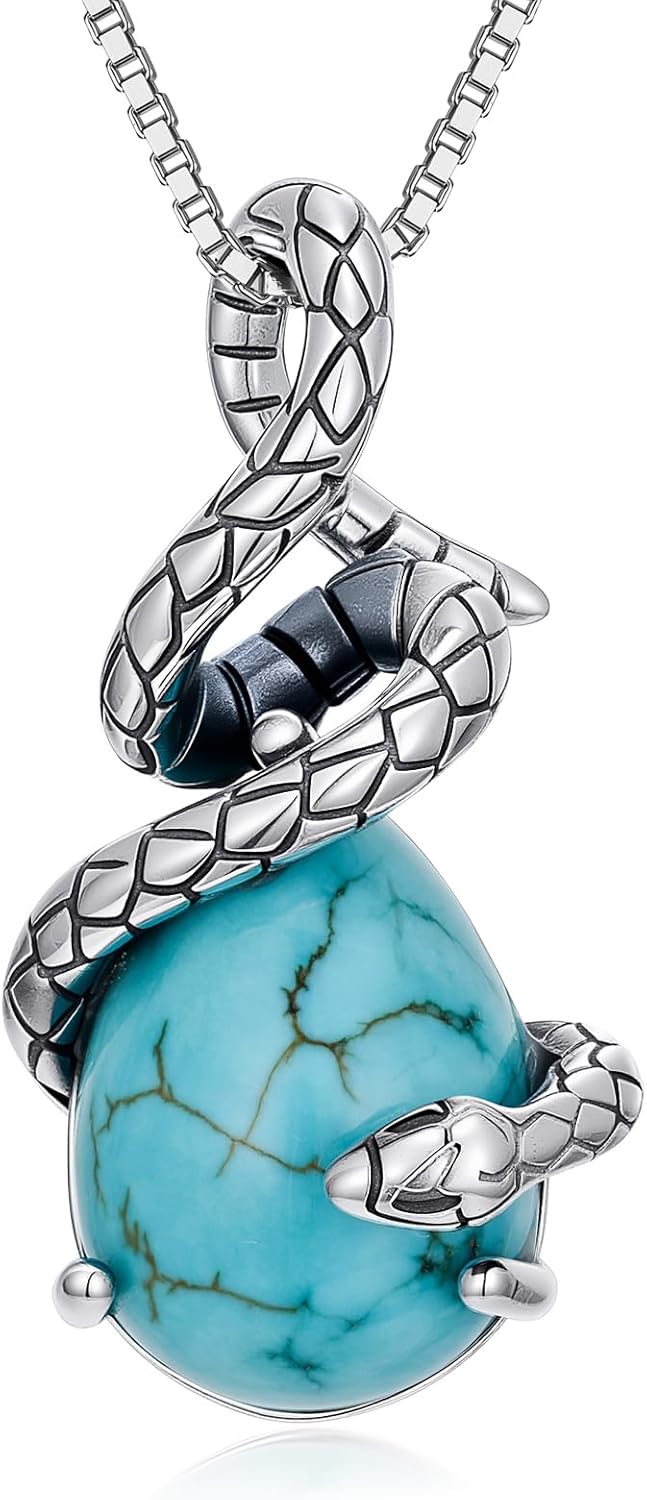 Genuine Turquoise Snake Teardrop Pendant Necklace, Sterling Silver Vintage Boho Native American Western Jewelry Birthdays