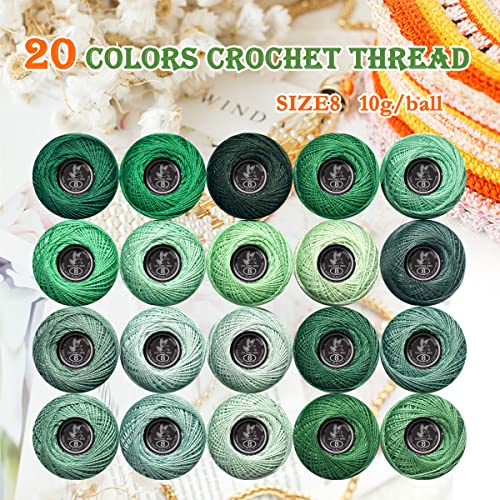 Image of Soft 20 Colors Classic Crochet Thread 20 Pack,100% Cotton (Emerald Green-562-3818)