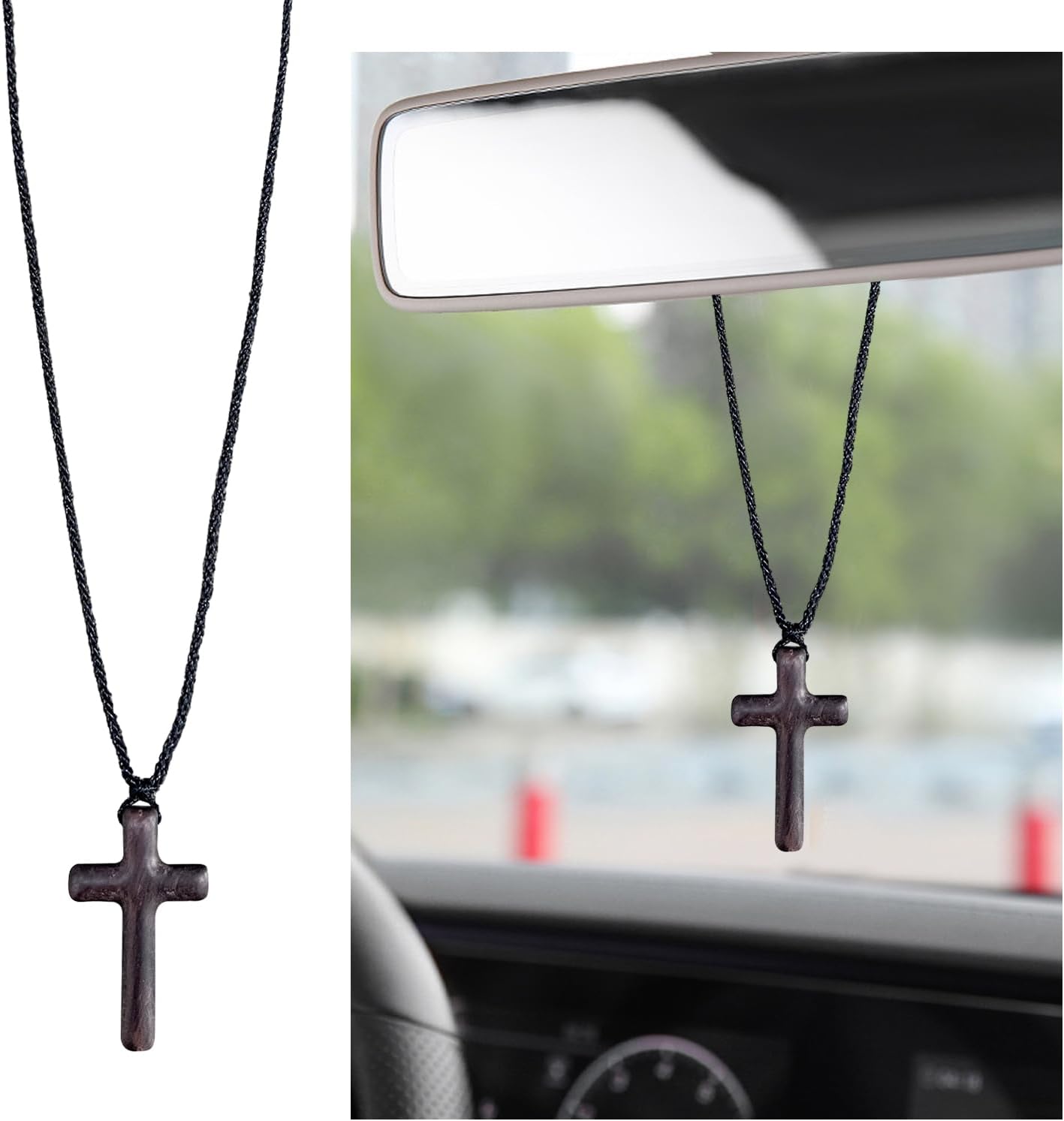 Ziciner Natural Wooden Cross Pendant Necklaces, Adjustable Handcrafted Wooden Car Rearview Mirror Pendant, Universal Vehicle Rear View Mirror Decoration for Men and Women (Round, Black)