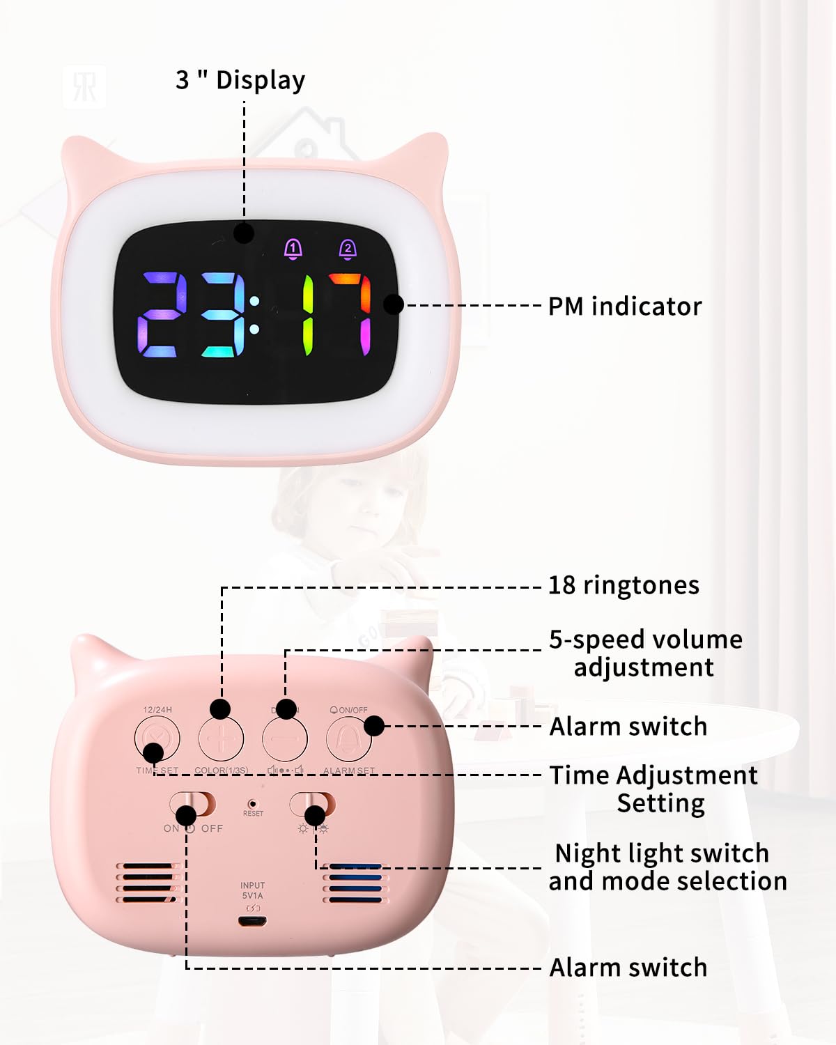 PERMUST Budzik LED, budzik nocny, regulowana jasność, budzik dziecięcy, 18 dzwonków, wysokiej jakości cyfrowy budzik nocny, 4 tryby, port ładowania USB