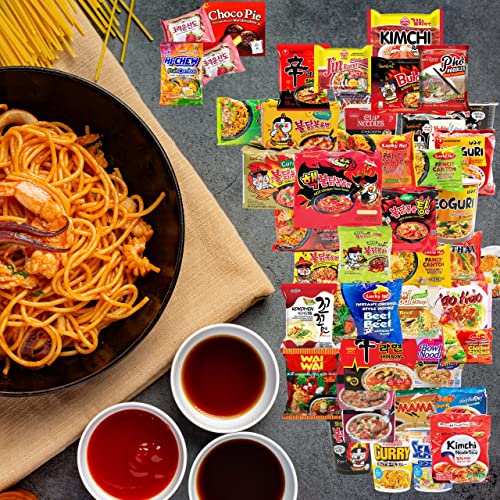 Fudobox Asian Instant Ramen Noodles Variety Pack With Cookies & Chopsticks | Nongshim, Nissin, Samyang, Wai Wai, Mama, Hao, Acecook | Student Care Package | Spicy Noodles Challenge | 15 Pack Assorted #TOP1