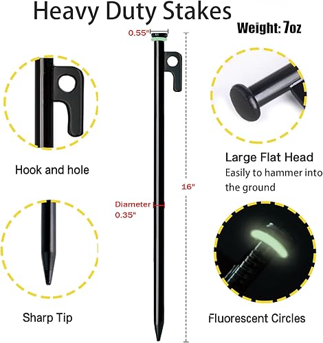 Miniatura 4 de Paquete de 12 estacas para tienda de campaña con martillo, estacas de tienda de campaña resistentes de 16 pulgadas + martillo de campamento de 10