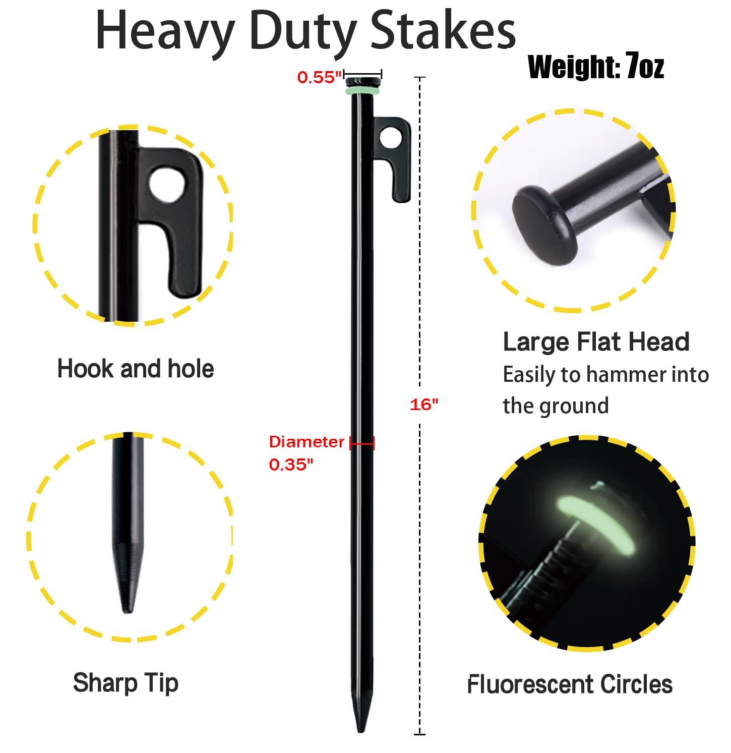 Zeltheringe mit Hammer, 40,6 cm robuste Zeltheringe + 25,4 cm Campinghammer + Aufbewahrungstasche, geschmiedete Stahl-Zeltheringe für Camping auf Felsen (12 Stück 40,6 cm Heringe + Hammer, 12 Stück