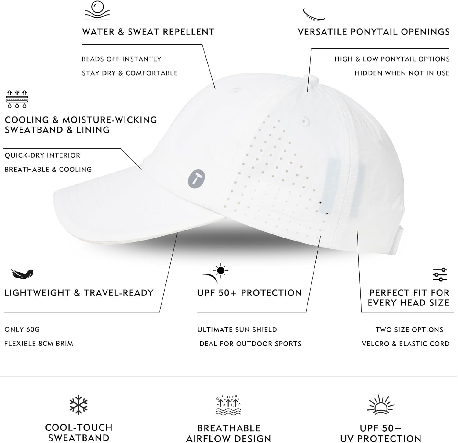 TOP-EX UVCOOLIX™ Cooling High Ponytail Everyday Sports Hat for Women, Breathable Running Golf Walking, UPF 50+ Foldable