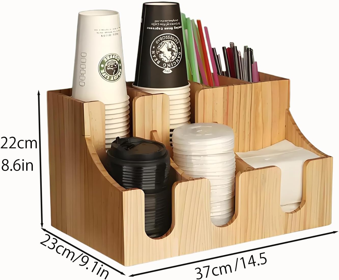 Solid wood 7-compartment storage unit coffee organizer station coffee bar accessories A one-stop solution for storing paper cups, straws, and napkins in coffee shops/bubble tea shops Wood