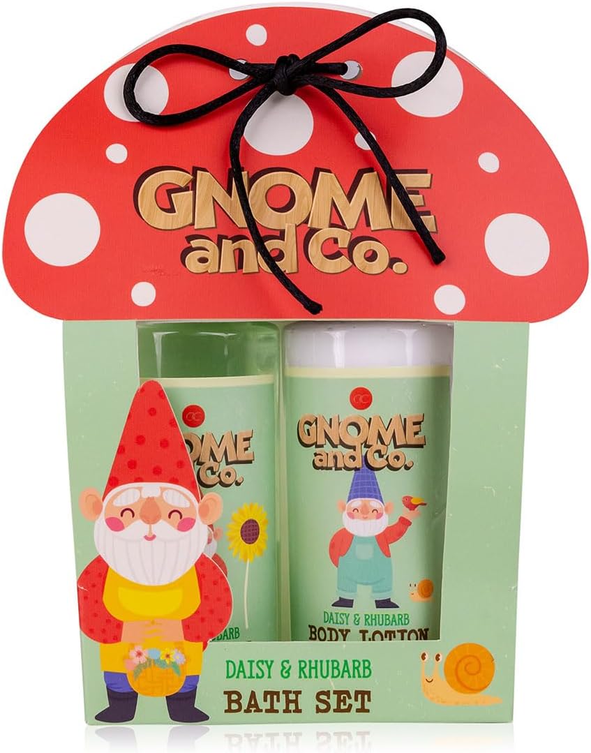 Accentra GNOME & CO Care Set in Mushroom Gift Box, 2-Piece Care Set for Women with Shower Gel & Body Lotion, Daisy & Rhubarb Fragrance, Light Green/Red/White, Wellness Gift Set for Birthday, Easter