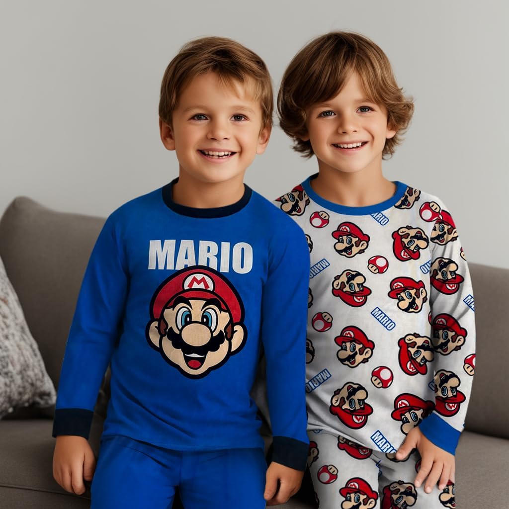Super Mario 4 Piece Pajama Set - Toddler Boys PJ Set with Long Sleeve Shirt & Pants - Kids Sleepwear Set - Official License