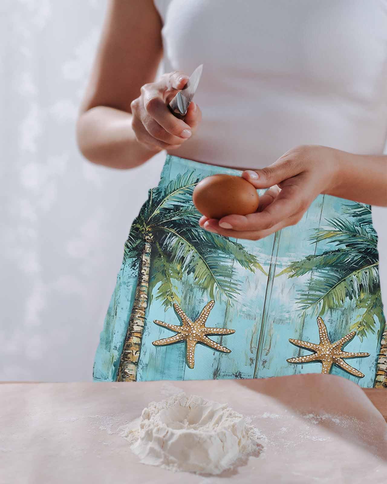 PIEPLE Coastal Blue Green Server Apron Waitress Aprons with 3 Pockets, Ocean Beach Tropical Plant Starfish Half Waist Waiter Aprons Restaurant Chef Aprons for Women Men