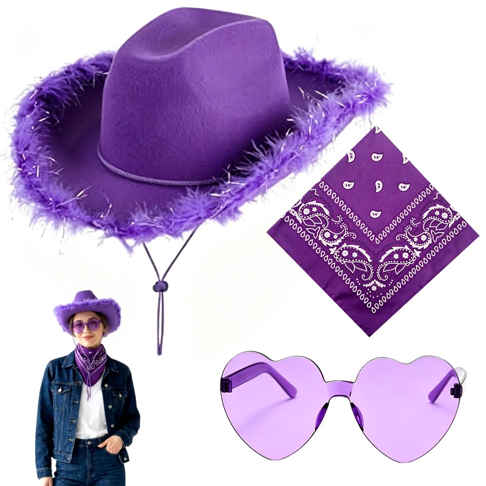 FCXVXCL Cowboy Hat Set, 3PCS Cowboy Costume Accessories for Adults Western Cowboys Fancy Dress Accessory Set with Bandana Glasses Western Hat for Halloween Birthday Cosplay Party Carnival(Purple) — image 1