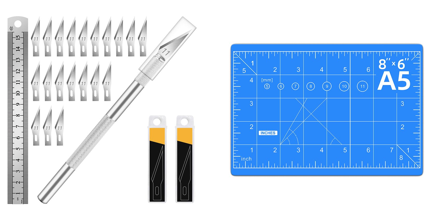 DIYSELF 1 Pcs Craft Knife Hobby Knife with 20 Pcs Stainless Steel Blades Kit and Blue Cutting Mat 6in×8in (Silver)