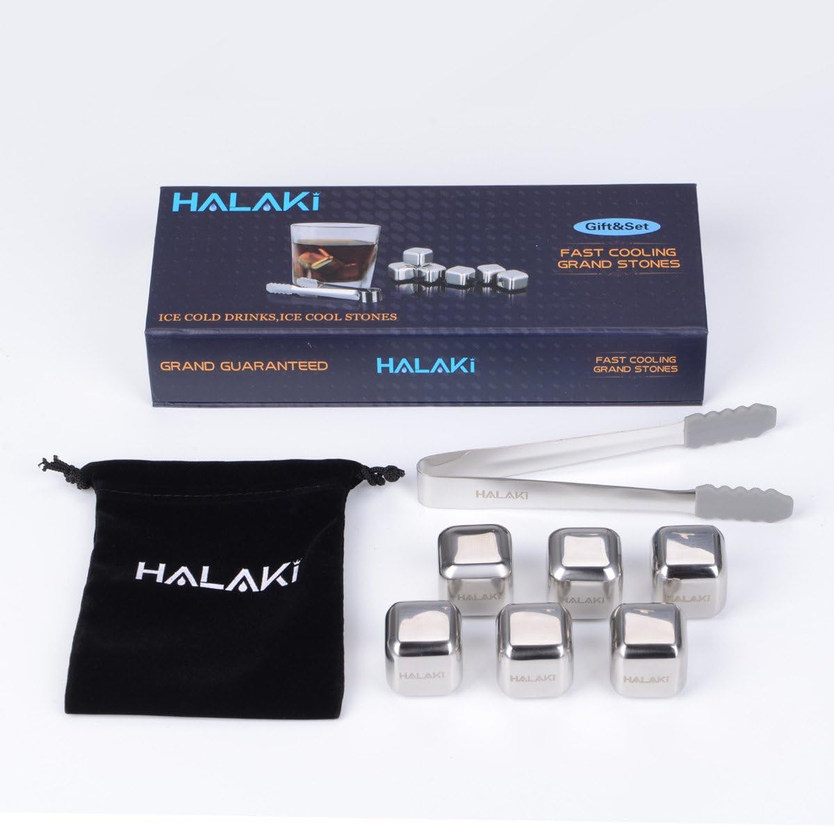 Whiskey Stones by HALAKI,Reusable Food Grade Stainless Steel Ice Cubes Stone Chilling Rocks with Ice Clip - gift set