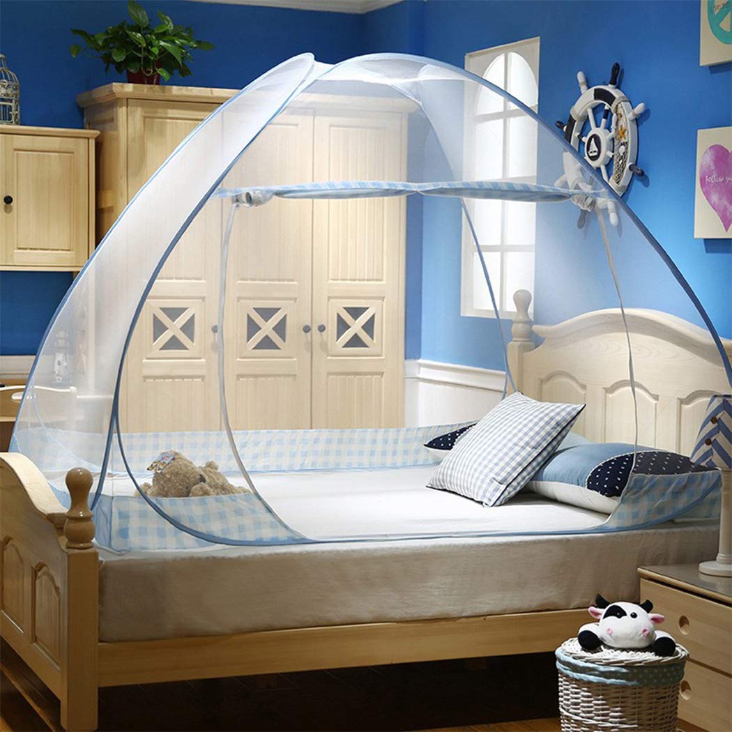 Digead Zanzariera a Cupola per Letto, Zanzariera da Letto Matrimoniale 150x200cm con Doppia Porta - Pieghevole, Leggera e Traspirante in Poliestere Misto, Facile da Installare (Bordo Blu)