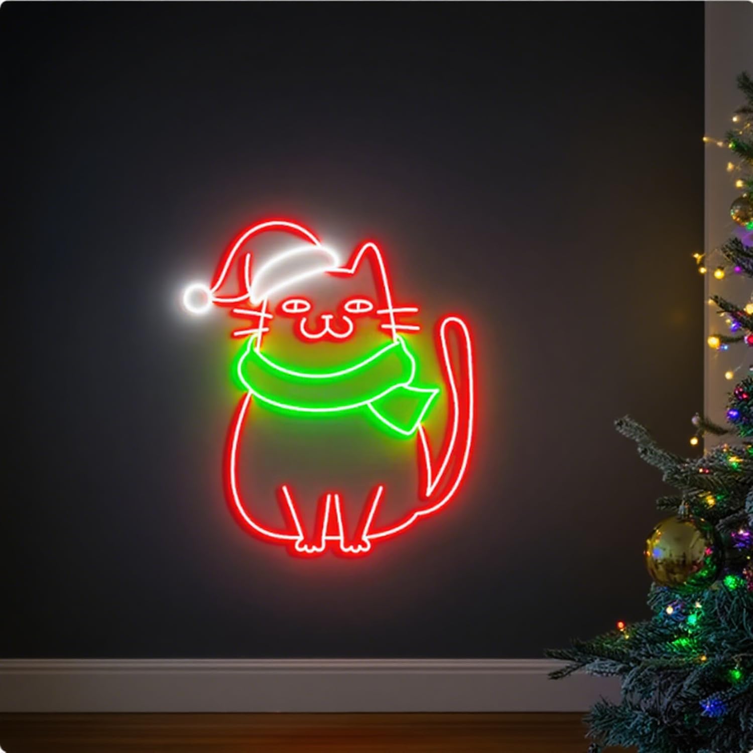HFHungkeong Christmas Cat Neon Sign LED Merry Christmas Neon Lights Sign for Home Wall Aesthetic Decor,Cute Funny Cats Lamp for Home Holiday Party Decorations,Gift for Cat Lovers