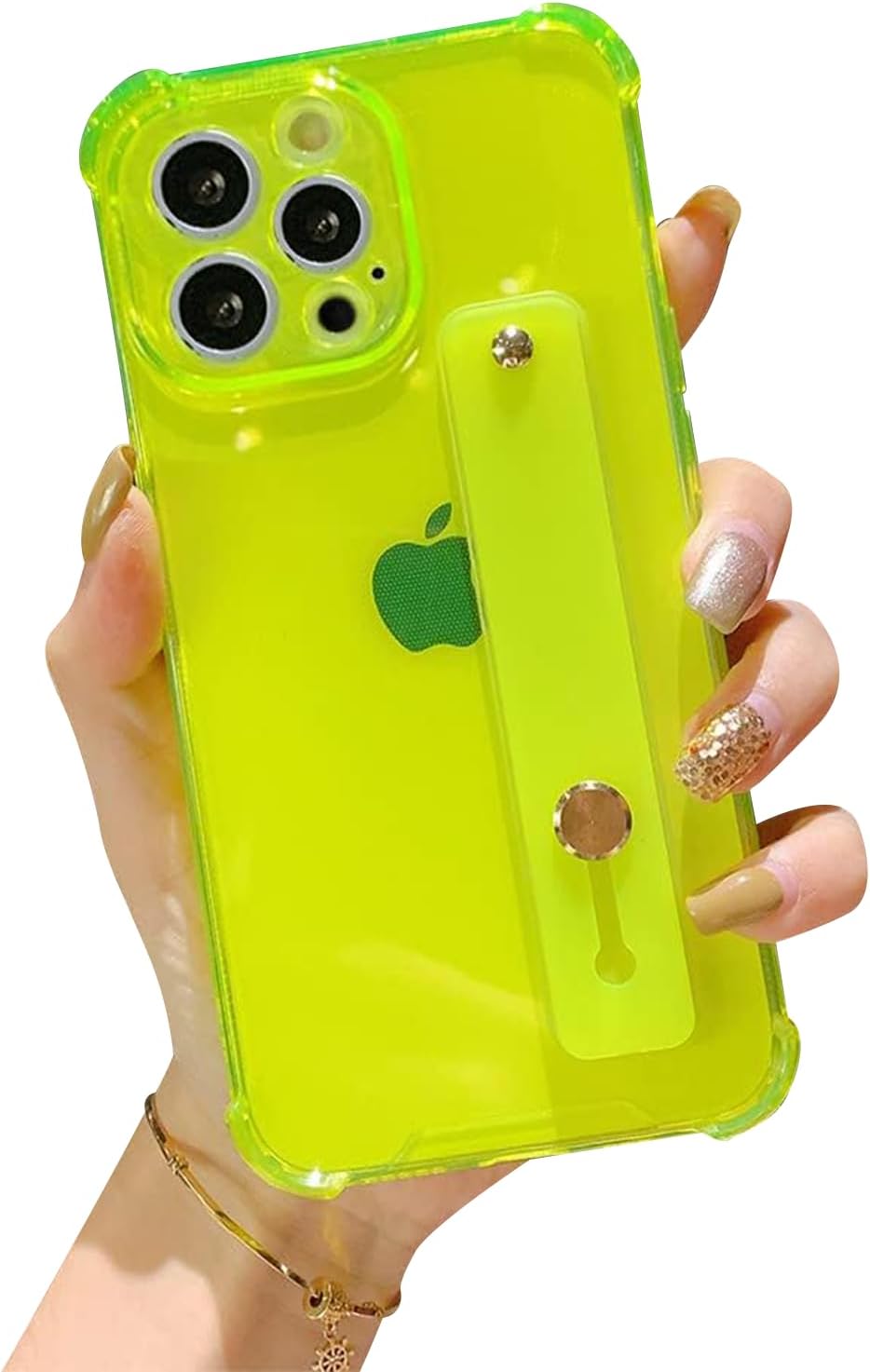 siduater Strap Case for 6.1" iPhone 15 Pro with Wristband Kickstand — Clear Soft TPU Protective Shockproof Bumper Rugged Cover — Adjustable Hand Grip Loop for iPhone 15 Pro 6.1 Inch (Neon Green, iPhone 15 Pro 6.1”)