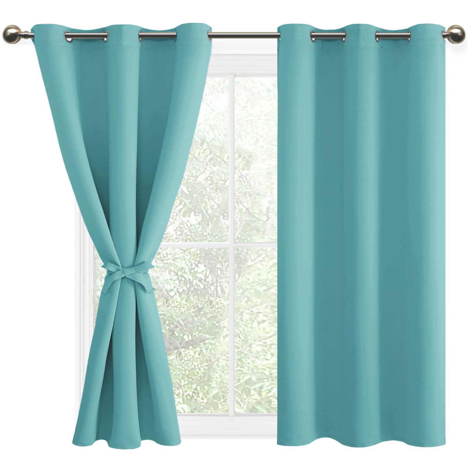 DWCN Blackout Short Curtains for Bedroom with Tiebacks - Room Darkening Privacy Grommet Top Window Curtains for Living Room, 38 x 45 inch Length, Turquoise, Set of 2 Panels — image 1