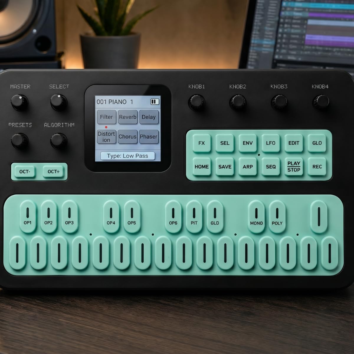 M-Vave FM1 - ​​Sintetizador FM portátil de 27 teclas con 128 presets, 32 algoritmos, 6 operadores, altavoz integrado, arpegiador, secuenciador de 16 pasos, USB-C, BLE MIDI y entrada MIDI