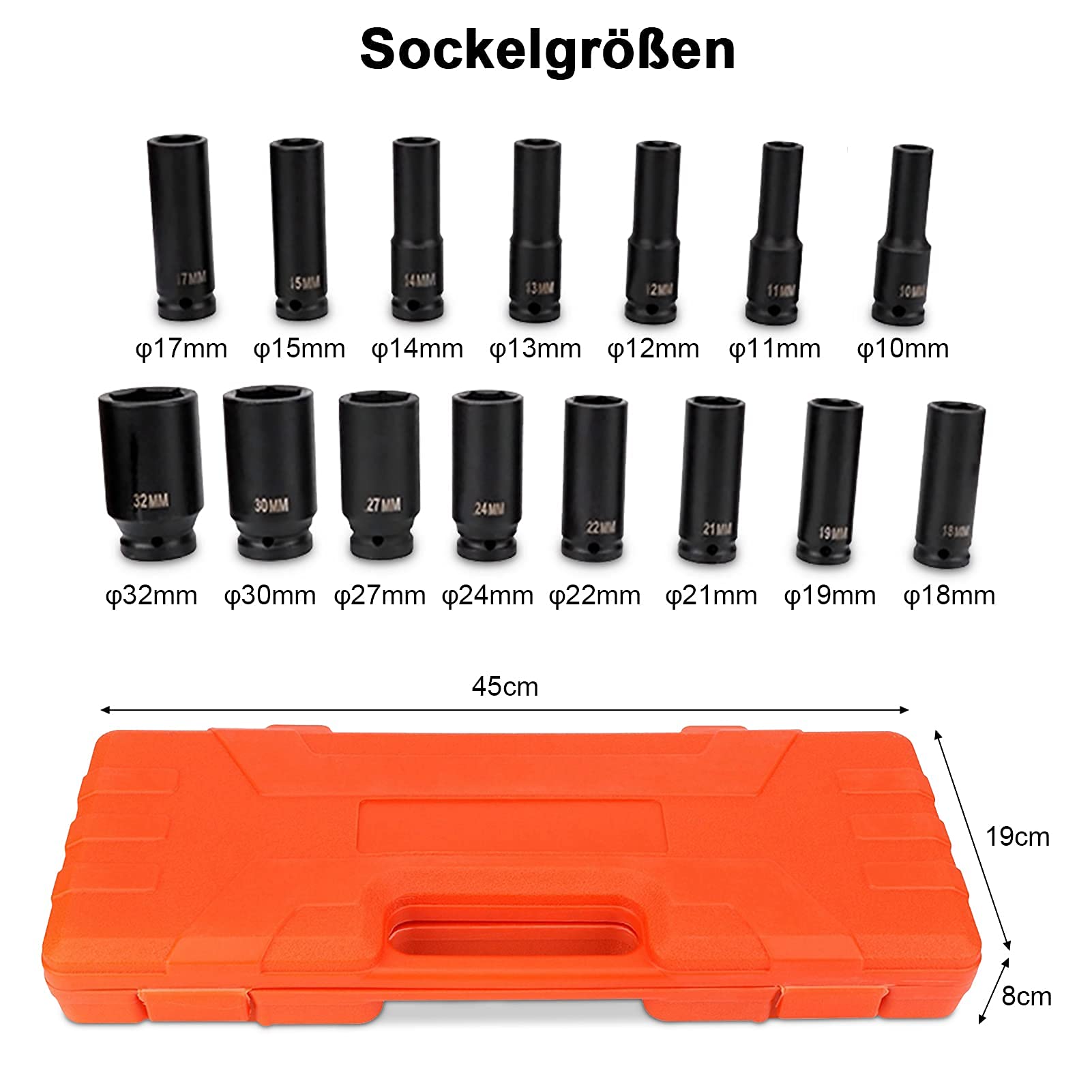 TOPTUL Set di Chiavi a Impulsi, 15 Pezzi, 1/2 Pollici, Bussole a Impatto Profondo in Acciaio al Carbonio 10-32 mm, con Coperchio in Plastica, per Officina