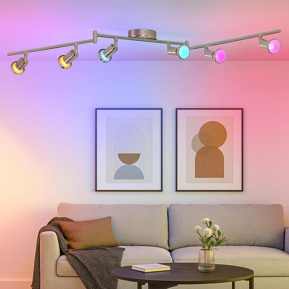 URBNLIVING GU10 RGB Ceiling Spotlight Bar – Adjustable Colour Changing Light with Remote Control, Modern LED Ceiling Fixture for Home or Office (6-Arm)