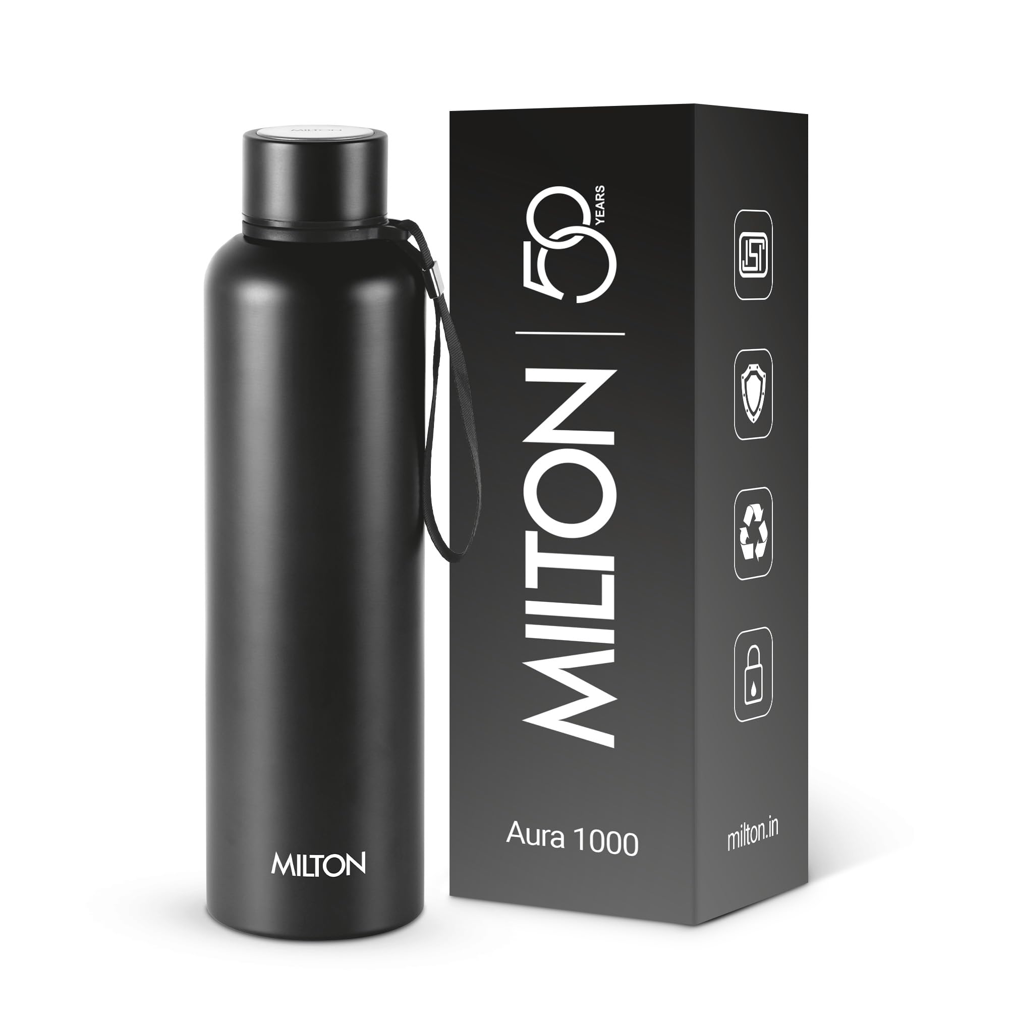 Amazon.com: Milton 34 oz (1 Litre) Stainless Steel Water Bottle, Vacuum  Insulated Flask Keep Drinks Hot or Cold for 24 hours, Leak Proof, Metal  Bottle for Sports, Gym, Travelling, Aura 1000, Black: