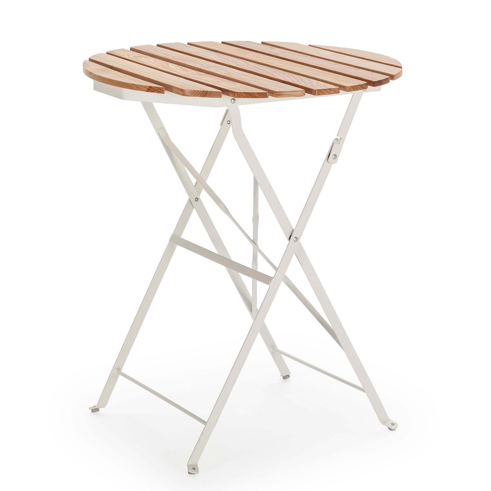 HOMN LIVING Mesa de Jardín Plegable Ambar Redonda de Madera y Metal Blanco, 60 cm diámetro