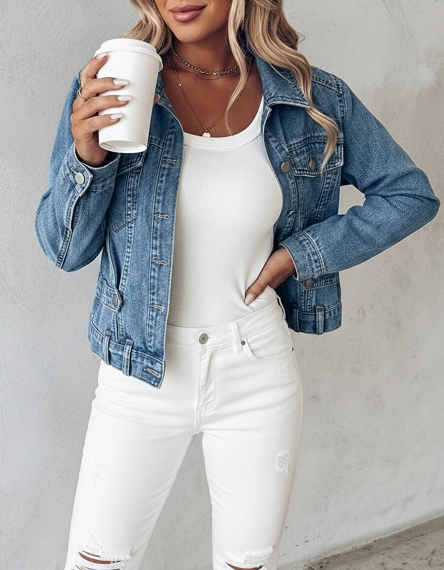 CHICME Women’s Casual Cropped Denim Jacket Button Down Long Sleeve Jean Jacket Cinched Waist Washed Denim Coat - Image 3