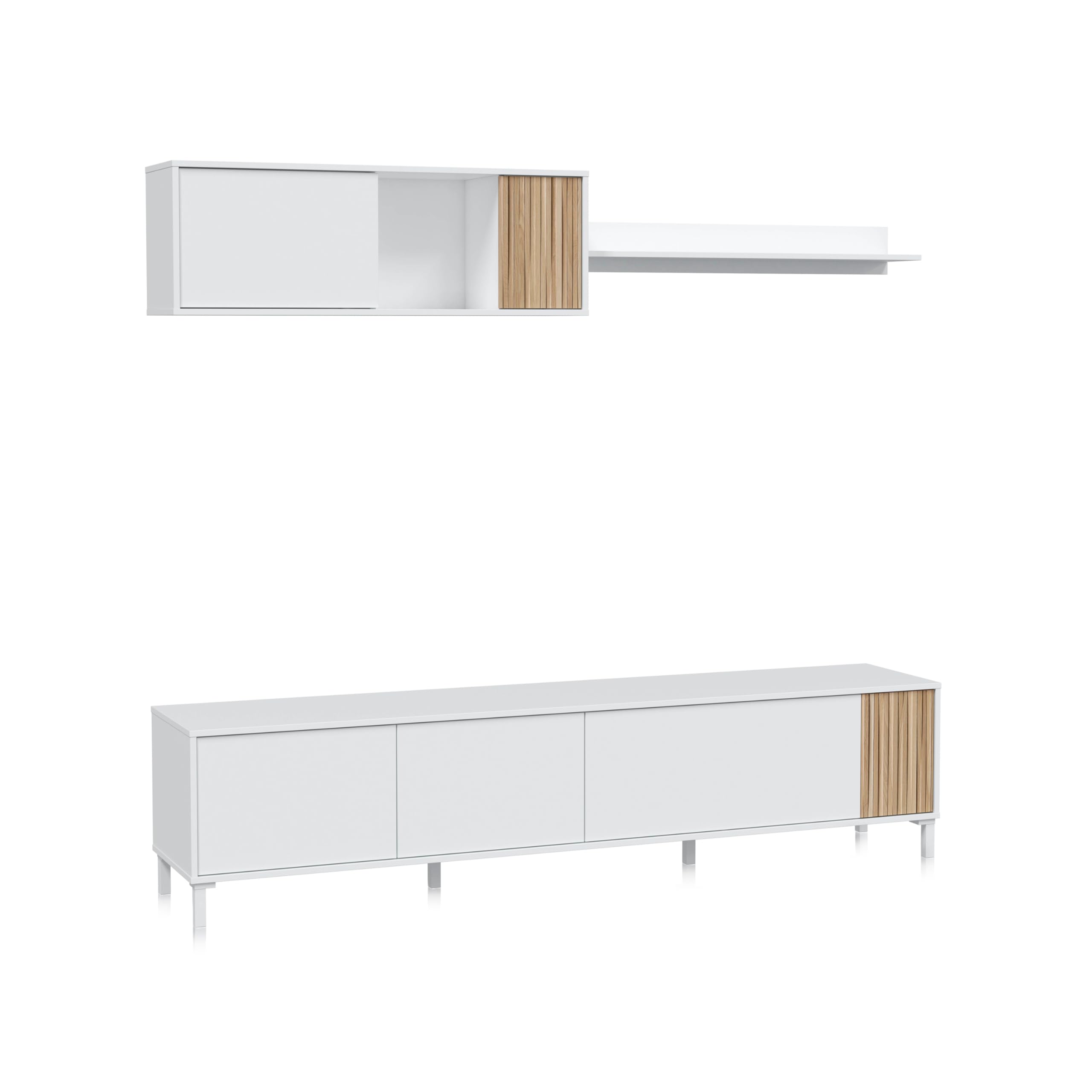 duehome | Conjunto de Salon, Mueble de TV, Modulos de Comedor, Modelo Nitza, Acabado en Blanco Artik y Natur, Medidas: 200 cm (Largo) x 40 cm (Fondo) x 47 cm (Alto)