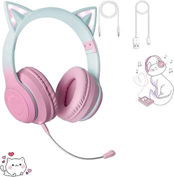 Cute Cat Ear Headphones Bluetooth 5.1 Wireless Headphones Bluetooth with Detachable Noise Cancelling Mic Hifi Stereo Wired Wireless Dual Use Gaming Headphones LED Lights Glitter Rainbow Color