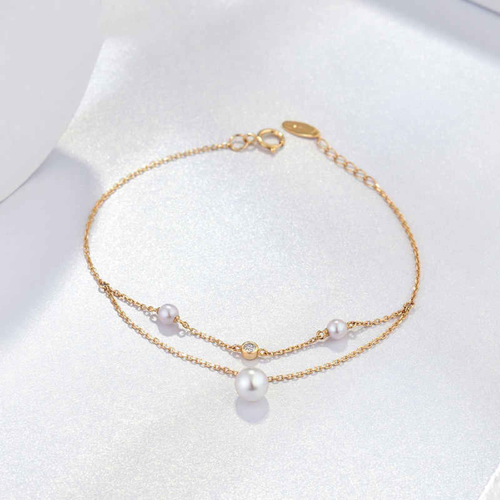 KnSam Bracciale da donna in oro giallo 9 K/14 K/18 carati, con perle, doppio strato 3-3,5 mm/5,5 – 6 mm, taglio rotondo, bianco, con moissanite 18/14/9 carati