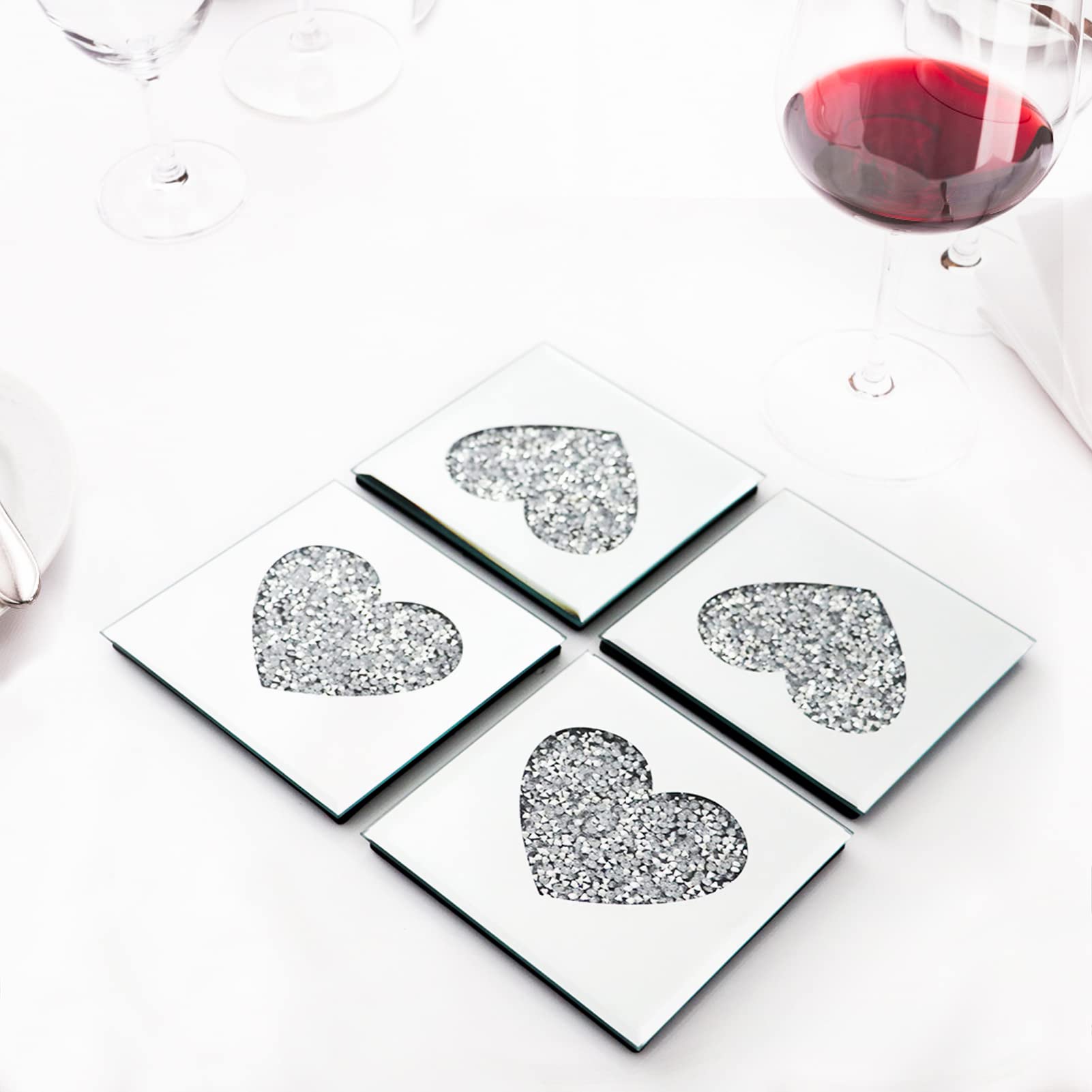 VASUHOMEGlass Mirrored Coaster 4" x 4" Set of 4, Silver Crystal Coasters Diamond Bling Home Decor Crushed Diamond Cup Mat Decor on Tabletop for Restaurant Kitchen bar Dining Table，Square