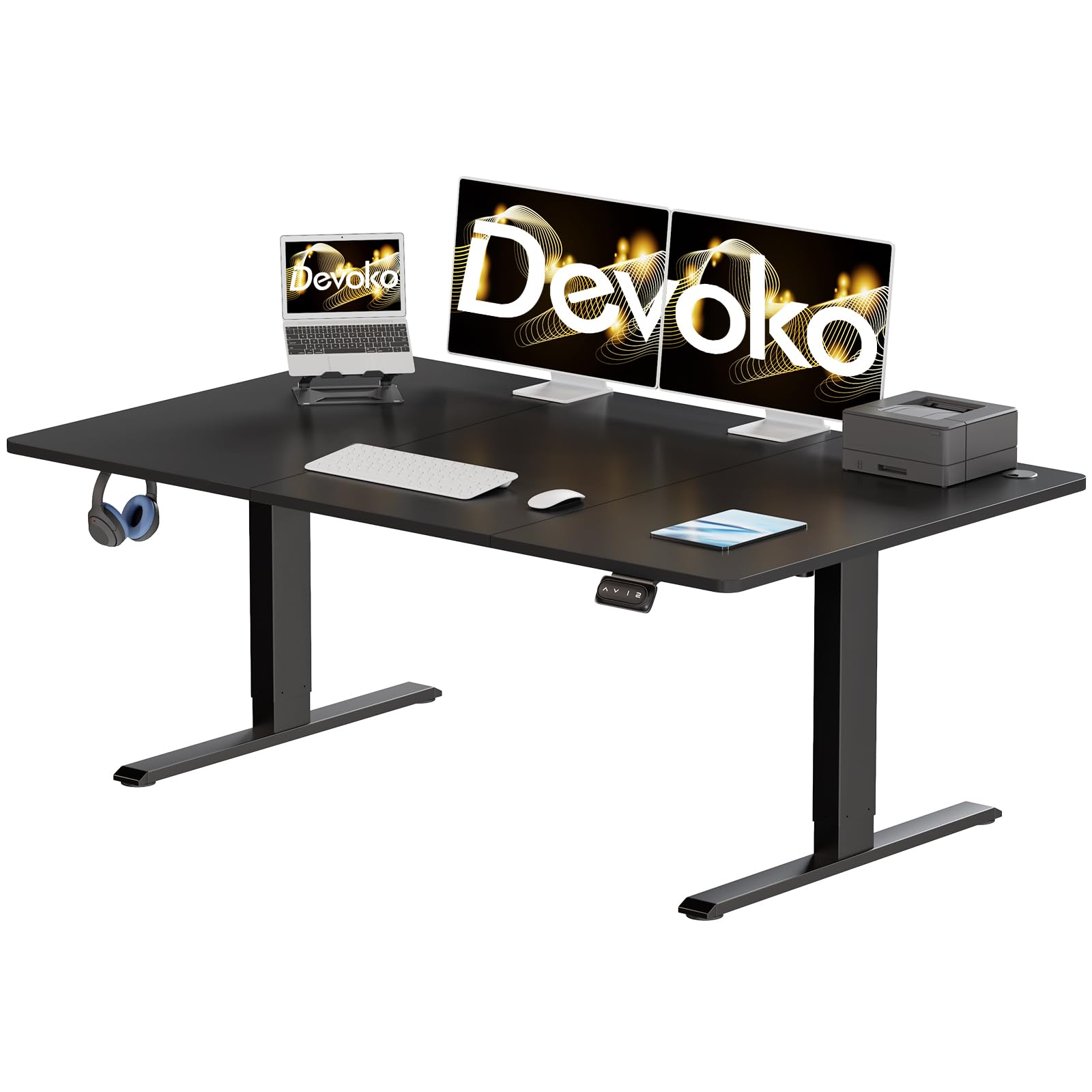 Escritorio Elevable Eléctrico 160 x 70cm,Escritorio Regulable en Altura con Gancho, 71-119 cm, 2 Opciones de Memoria Inteligente, Adecuado para Estudiar Trabajar（Negro）