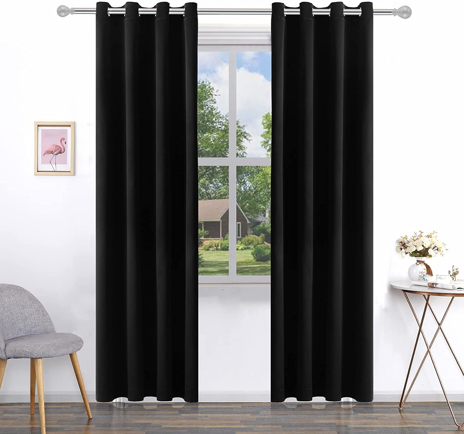 SEALION Home Furnishing Set of 2 pc for Premium Room Super Darkening Thermal Insulated Eyelet Noise Reducing Blackout 2 Piece Faux Silk Ring top Door Curtain 4x5 feet, Black