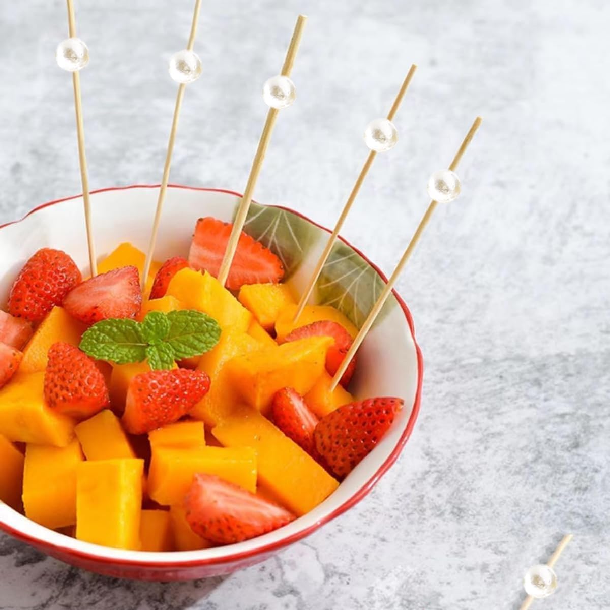 120 pcs 5.9in long Pearl Cocktail Picks,White Ball Food Sticks Charcuterie Boards Accessories,Bamboo Skewers for Appetizers Drinks Fruit.