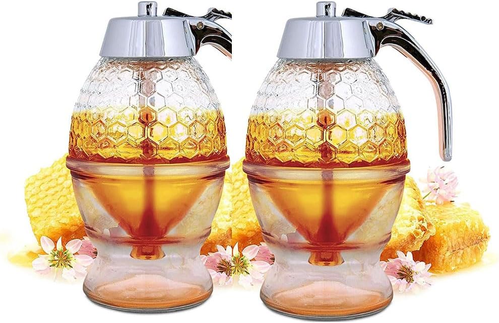 2 Pieces Syrup Dispenser, Honey Containers Plastic Honey Dispenser No Drip Honey Jar with Stand Honey Holder Honey Pourer Dispenser Honey Containers(Size:200ml)