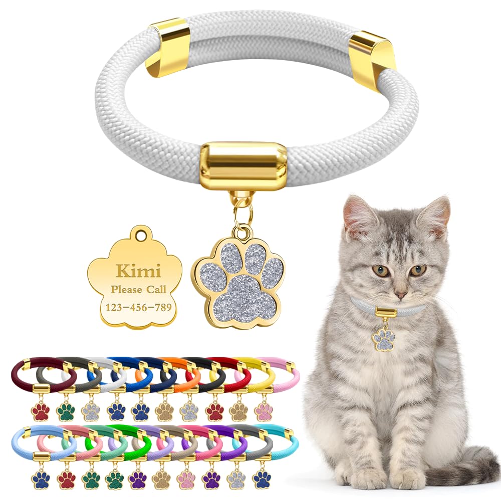 Personalized Breakaway Cat Collars with Magnetic Quick Release Buckle, Custom Engraved Name Tag for Cats (Pure White)