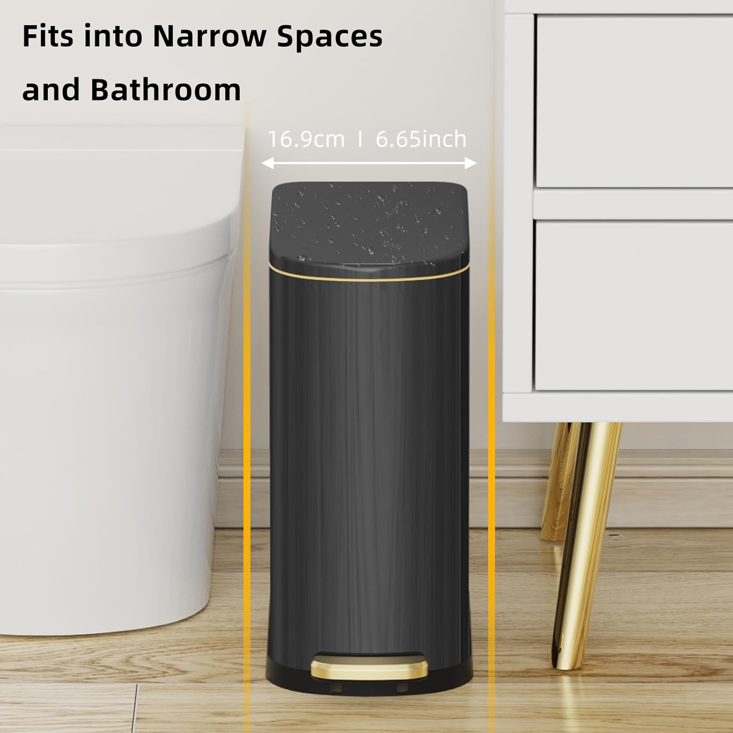 ksskss 2.6 gallon slim bathroom trash can with soft-close foot pedal, 10l stainless steel garbage can with removable liner bucket, for narrow spaces,bathroom, bedroom (titanium black)