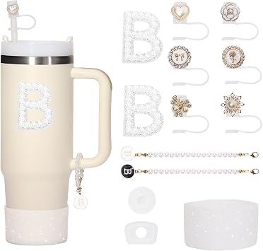 13PCS Accessories Set for Stanley 30oz & 40oz - Straw Cover, Pearl Chain Initial Charms, Silicone Cap and Boot, Spill Proof Stopper, Sticker Letter B