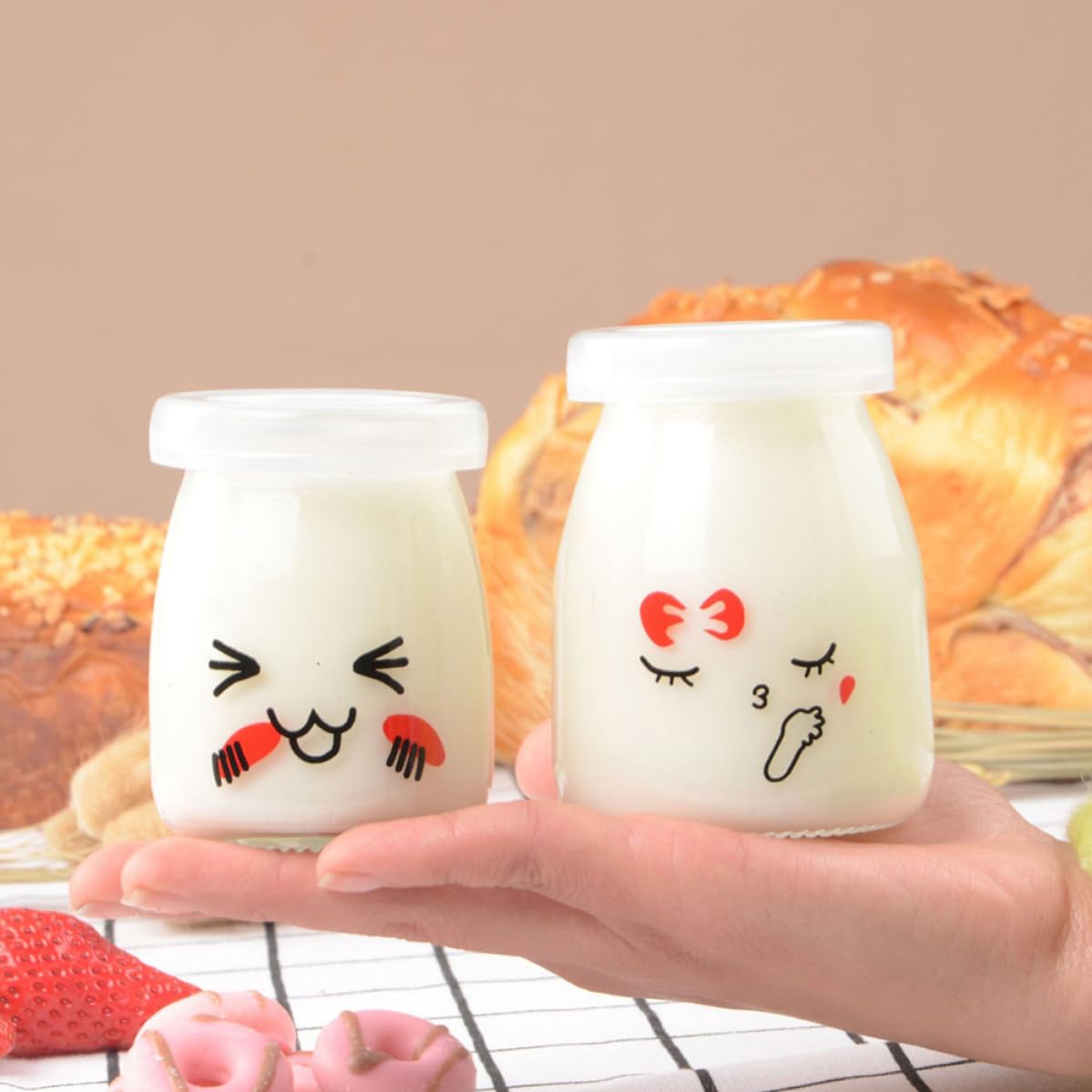 SOLUSTRE 10pièces Lot de Bocaux Verre pour Yaourt et Pudding Résistant Chaleur Motifs Visages Cartoon Aléatoires Pots de Dessert Pratiques et Durables Plusieurs styles
