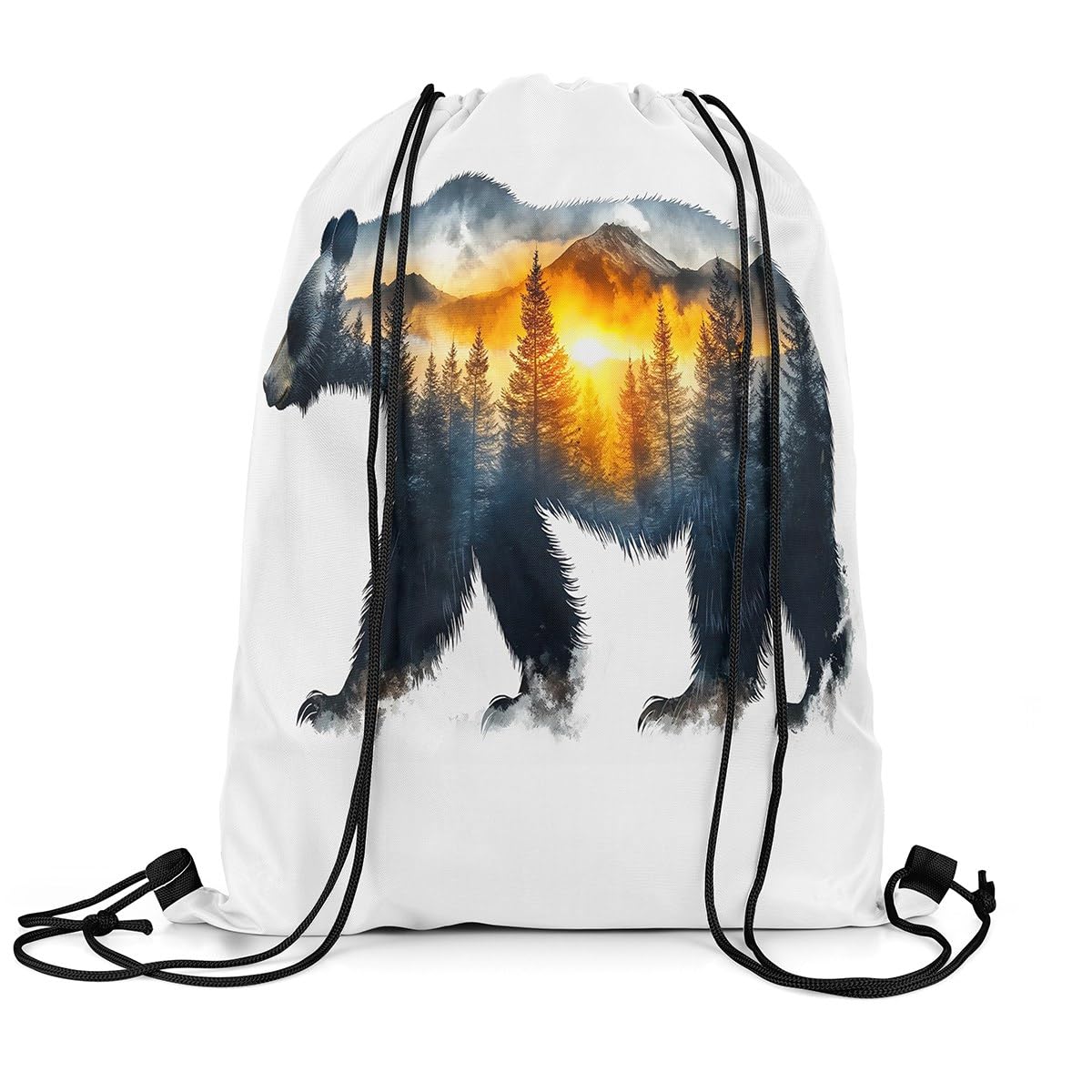 Loussiesd Bear Drawstring Backpack 40x33cm Tree Mountain Sports Gym String Bag Sunset Nature Landscape Drawstring Bags Foggy Scenic Waterproof Cinch Bag Sports Drawstring Sackpack