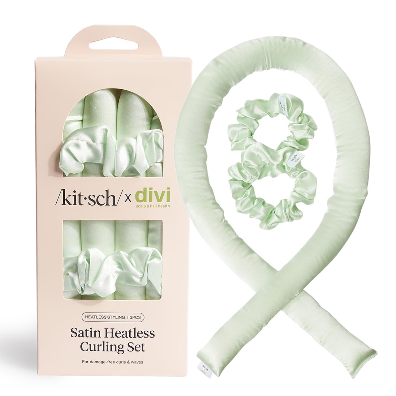 Divi x Kitsch Satin Heatless Hair Curler Set - Heatless Curls Overnight, Hair Rollers for Soft Curls & Frizz-Free Styling, No Heat Curlers To Sleep in, Curling Rod Headband for Overnight Curl- Sage