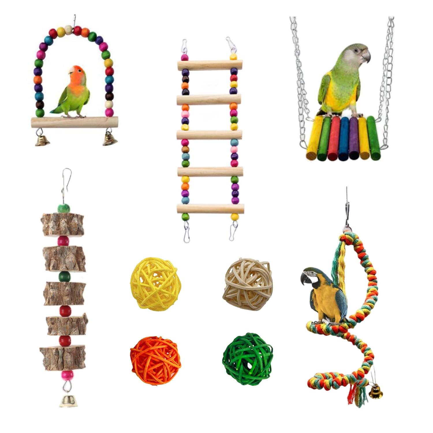9Pcs Bird Toys for Parakeet, Cockatiel, Finches, Budgerigar, Mynah, Love Birds, Small Parrots, Parrot Cage Stand Accessories