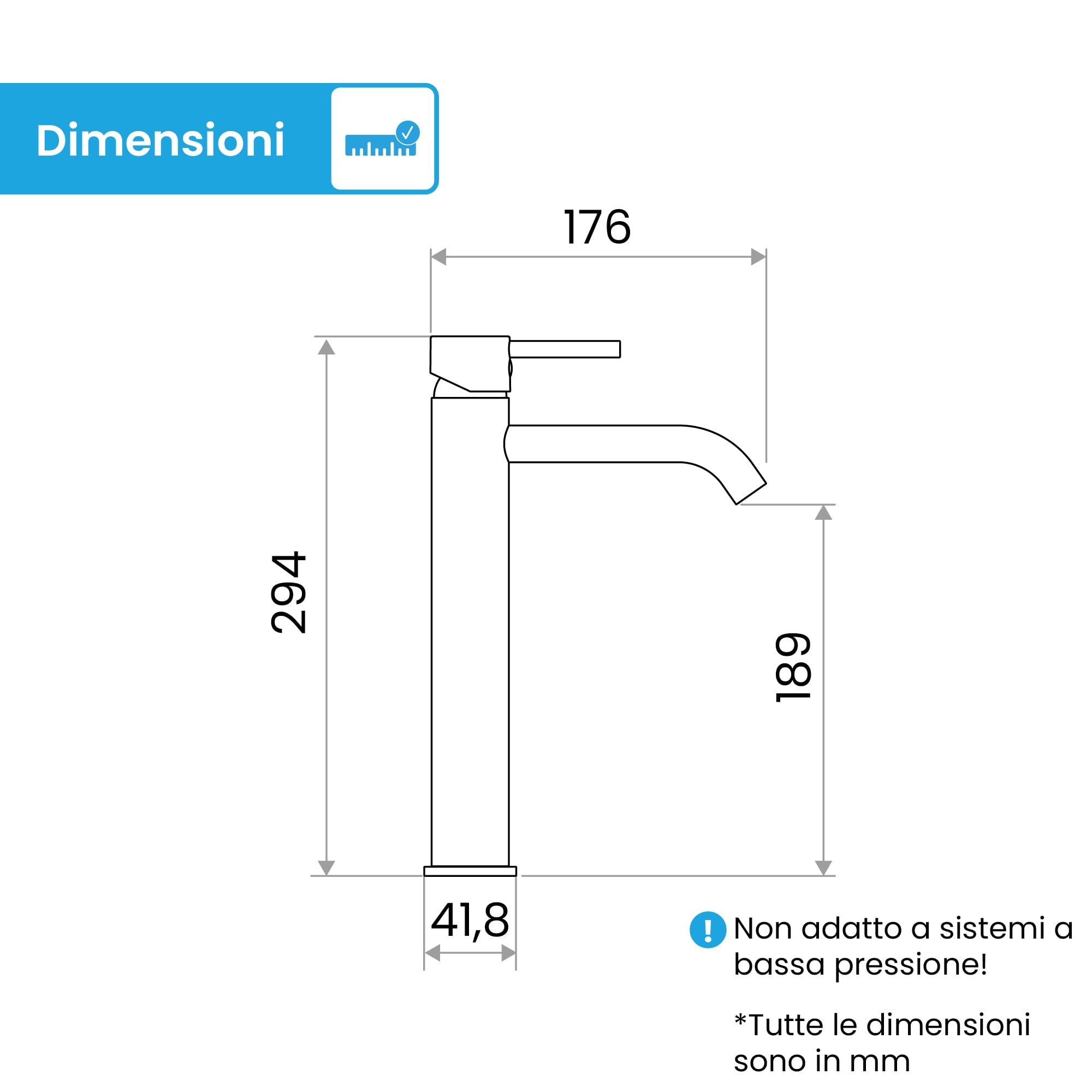 Bächlein - Miscelatore per bagno Susara alto con erogatore curvo, monocomando di design extra alto per lavabo da appoggio con cartuccia in ceramica duratura e set di montaggio, rubinetto per bagno
