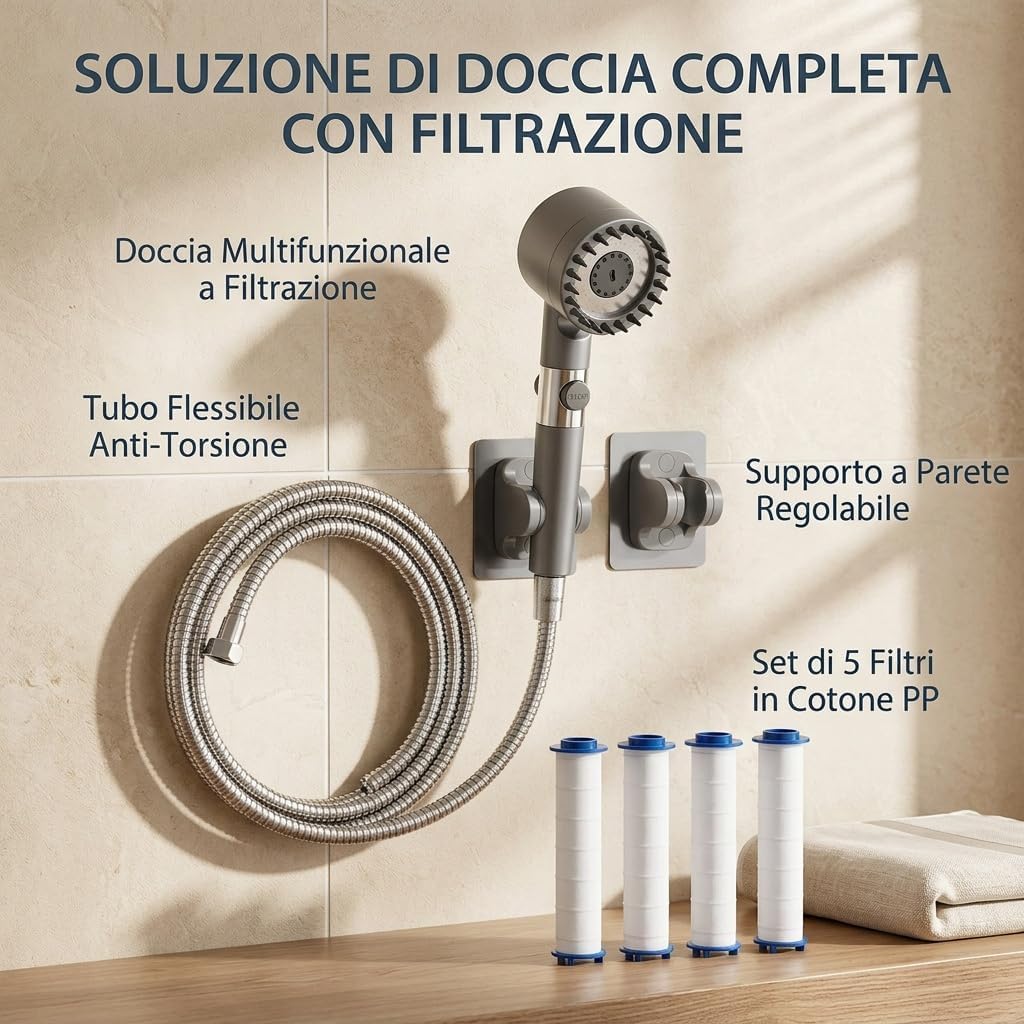 Pulifer Doccino Filtrante Originale,Doccia Ad Alta Pressione Con Tre Modalità,Risparmio Idrico Ed Energetico,Con Filtro