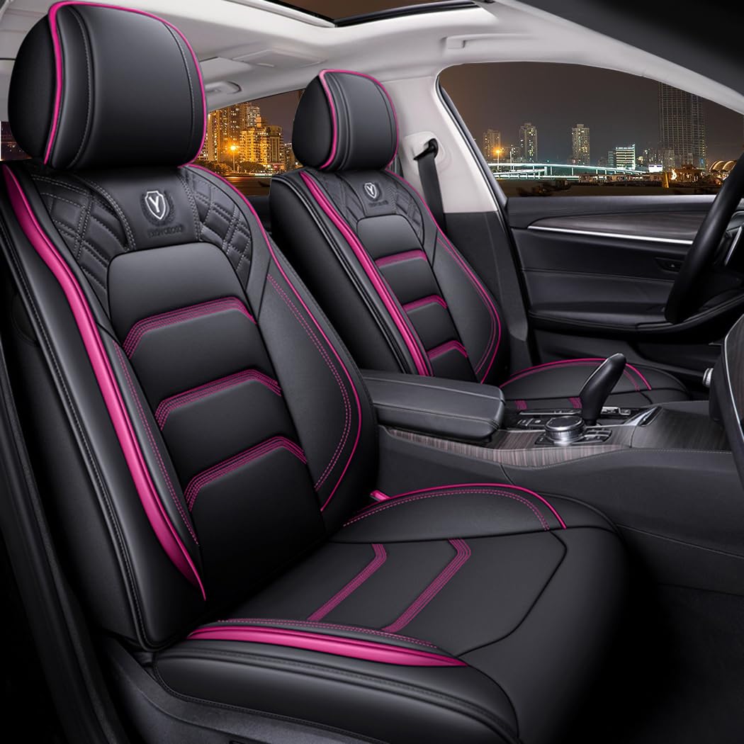 YXQYOEOSO Comfortable Leather Auto Car Seat Covers 5 Seats Full Set Universal Fit (Black & Rose)
