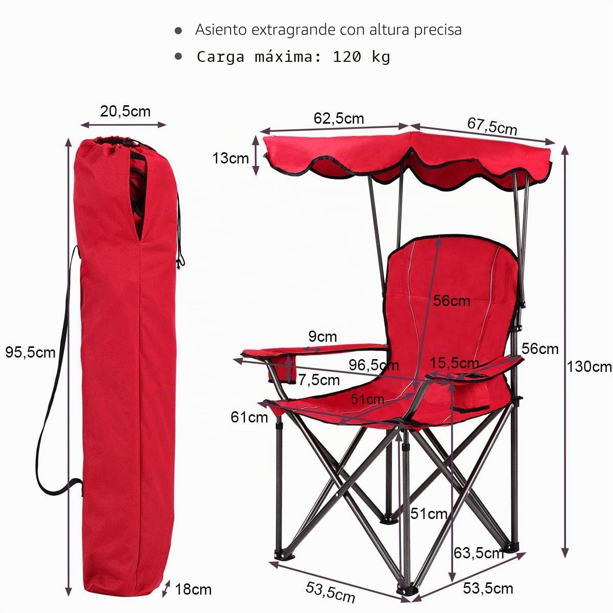 COSTWAY Silla de Camping con Techo y Portavasos Silla de Playa Plegable Carga hasta 120 kg para Patio al Aire Libre (Rojo)
