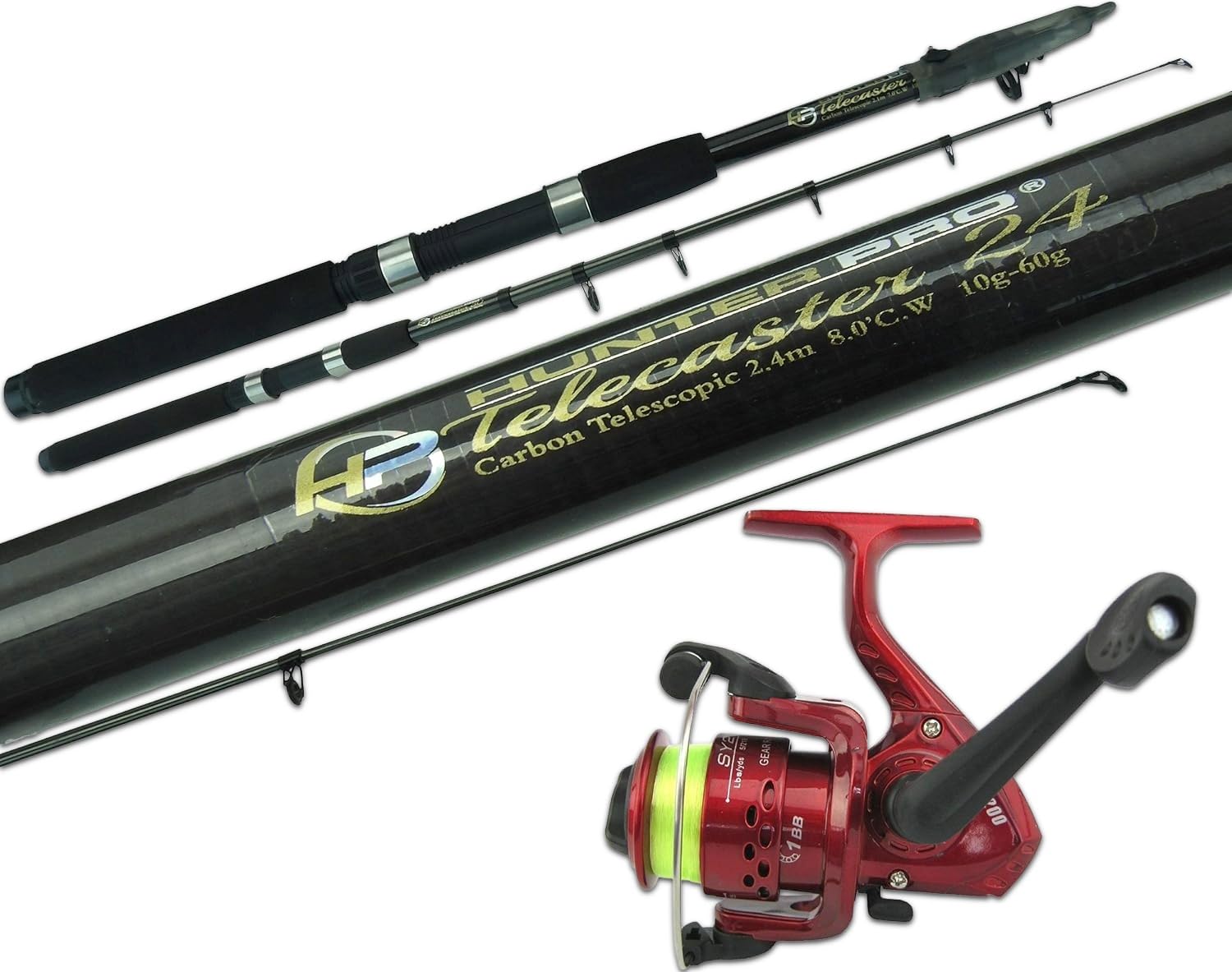 Hunter Pro Carbon Telescopic Spinning Kit: 8 ft Compact Travel Rod & SY200 Reel Combo