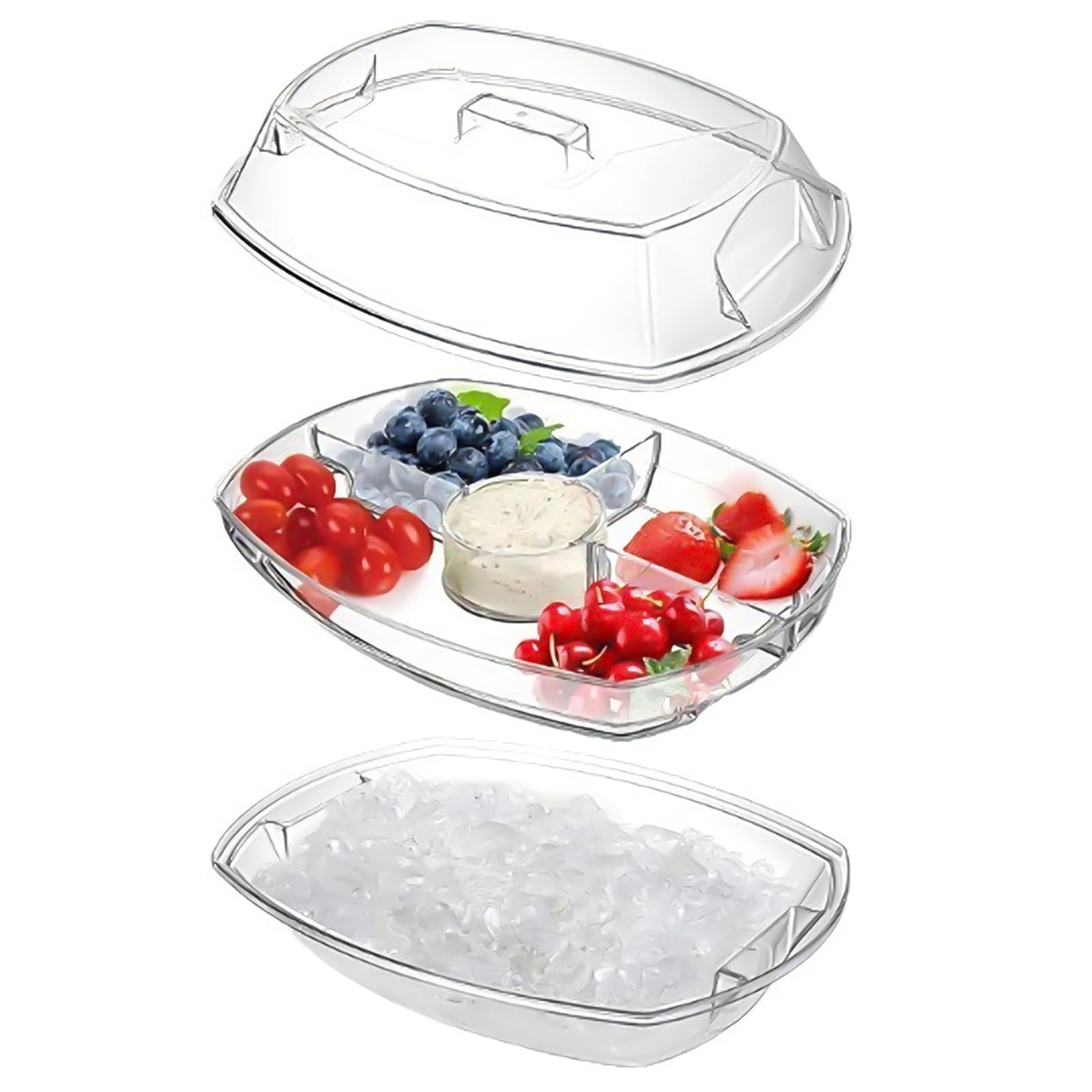 Bandeja fría para servir con tapa, bandeja de hielo para aperitivos, plato de frutas dividido y cuenco para aperitivos, ideal para fiestas, nics, postres, mariscos, veterinarios y frutas