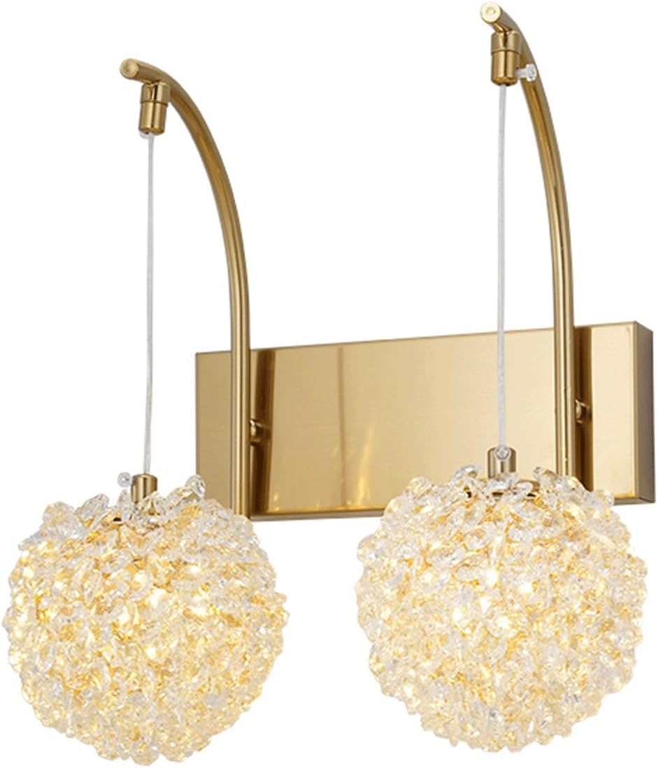 Modern Luxury Wall Sconce Gold Plated Metal Base Dual Curved Arm Crystal Ball Lamp Shades Hardwired Wall Light for Bedroom Living Room Hallway Entryway Art Decor Sparkling Ambient Lighting