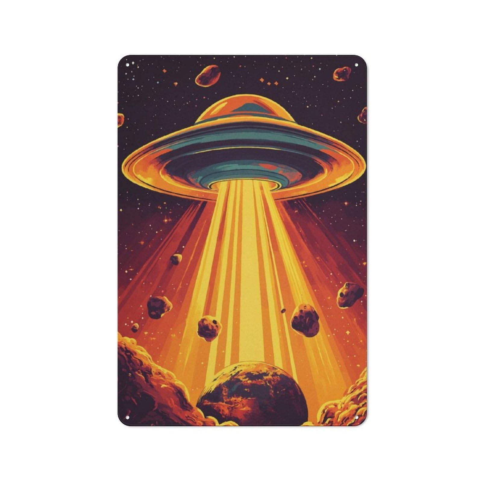 Junmoney Ufo Over Planet Tin Sign 30X20cm With For Workshop Wall, Rustic Decor, Autumn Room Decor For Fans Of Metal Wall Signs